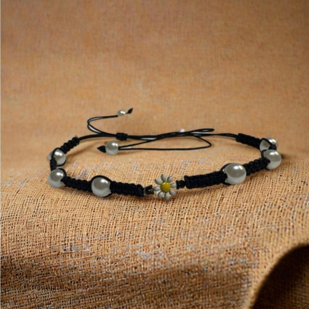 Black Beaded Choker with Daisy Charm